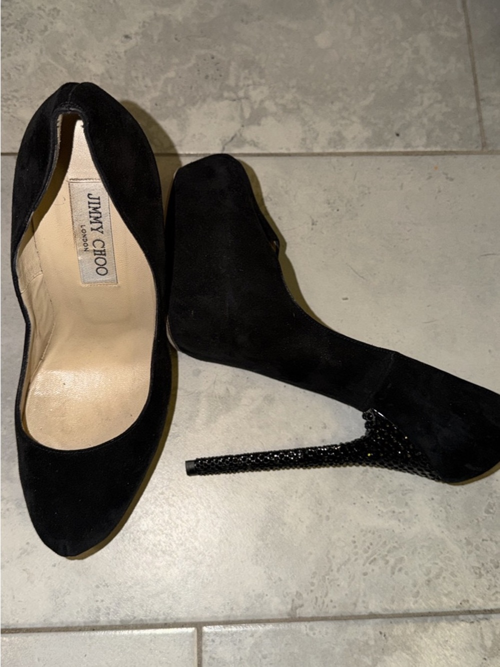Jimmy Choo Black Suede Crystal-Studded Stiletto Pumps